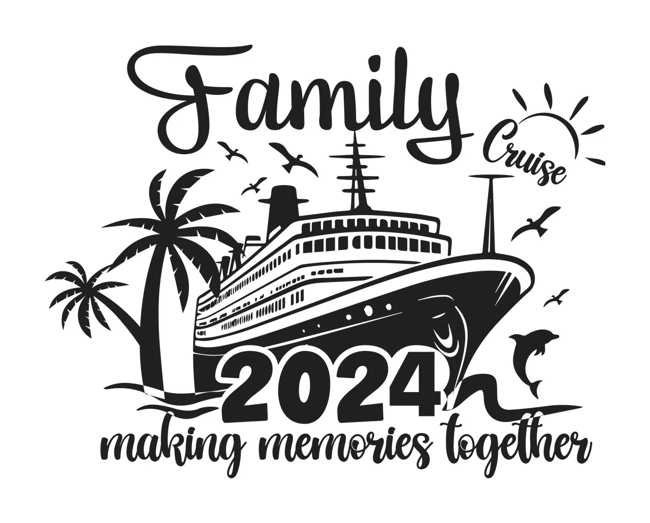 Family Cruise Ship Graphic palm tree sun birds dolphin black