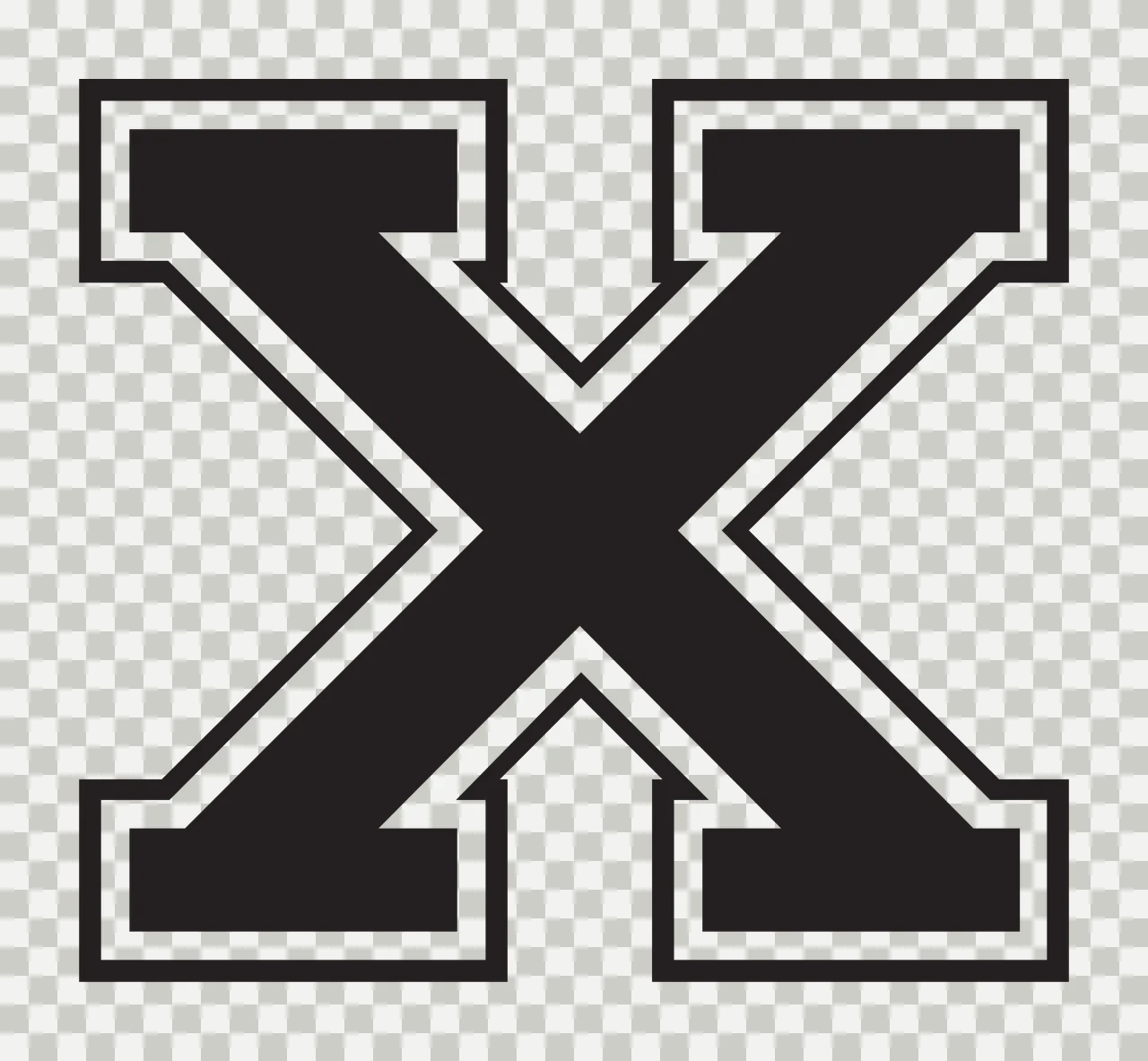 X Letter Design with block typography, double outline border and slab serifs in black and white transparency and detail preview thumbnail