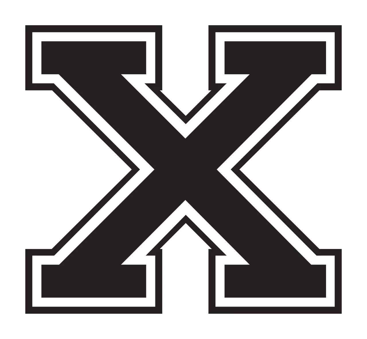 X Letter Design with block typography, double outline border and slab serifs in black and white