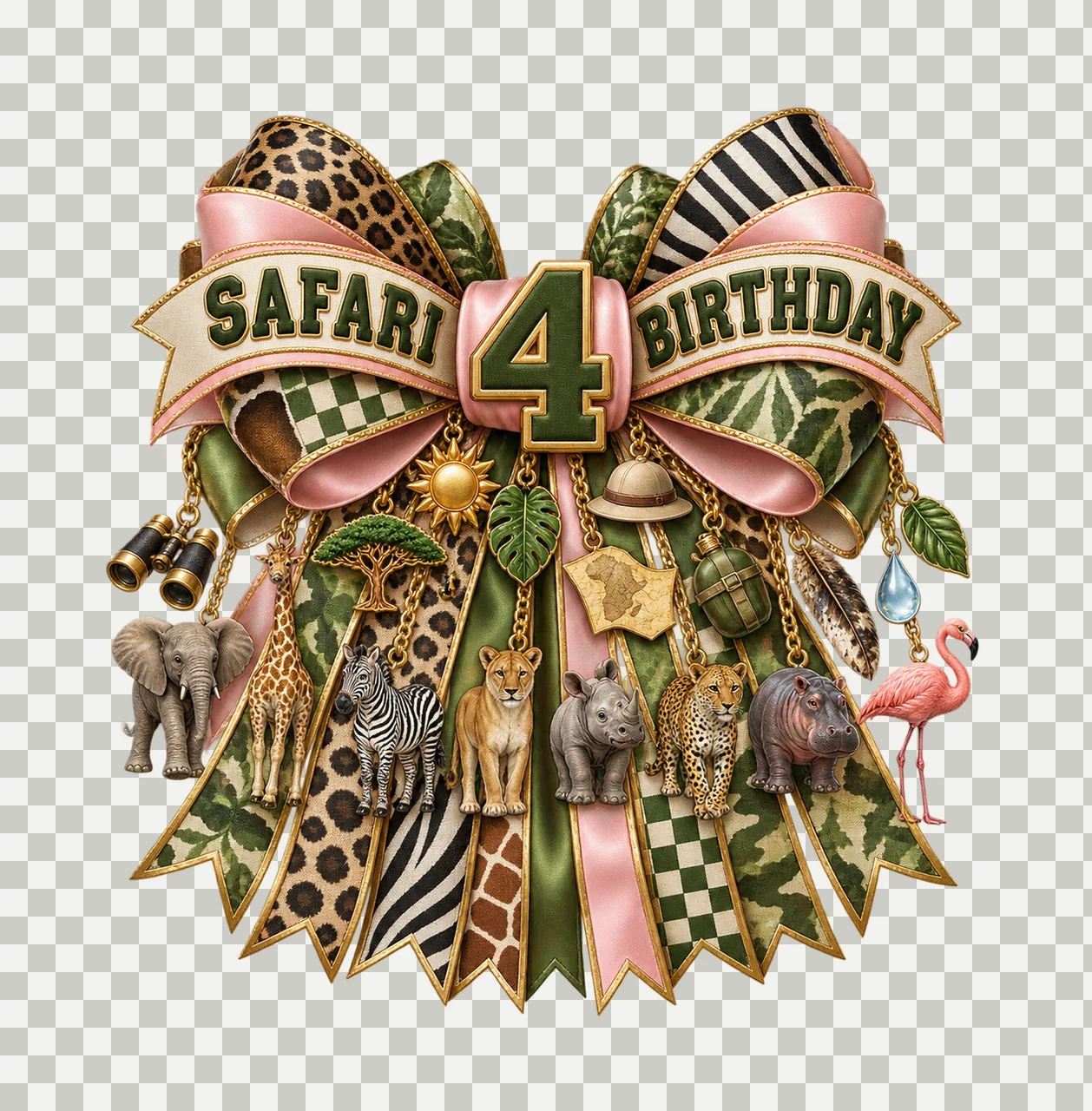 Safari Birthday 4 Bow Charm PNG, Jungle Animal Birthday Clipart, Transparent Sublimation Digital Download transparency and detail preview thumbnail