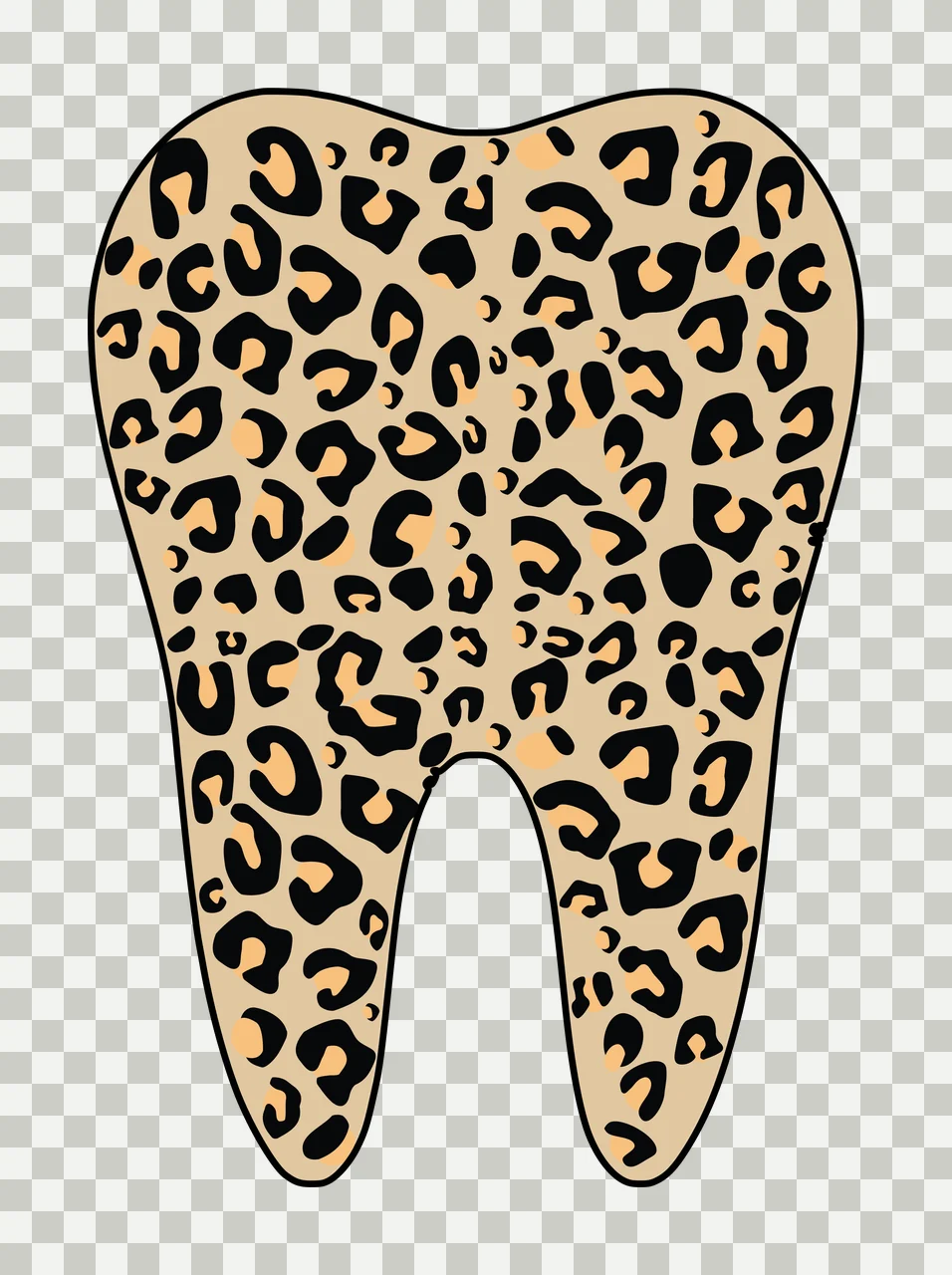 Leopard print tooth Illustration with molar shape and leopard spots in black, orange and tan transparency and detail preview thumbnail
