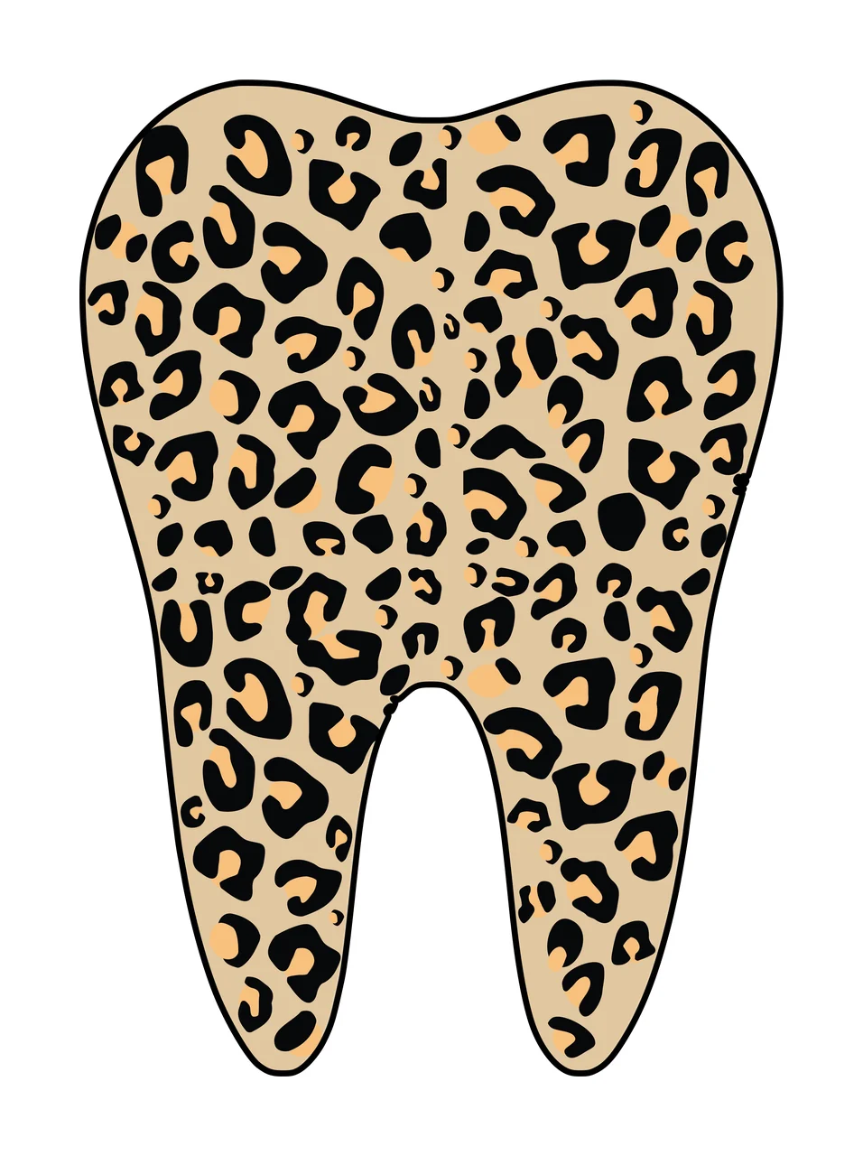 Leopard print tooth Illustration with molar shape and leopard spots in black, orange and tan