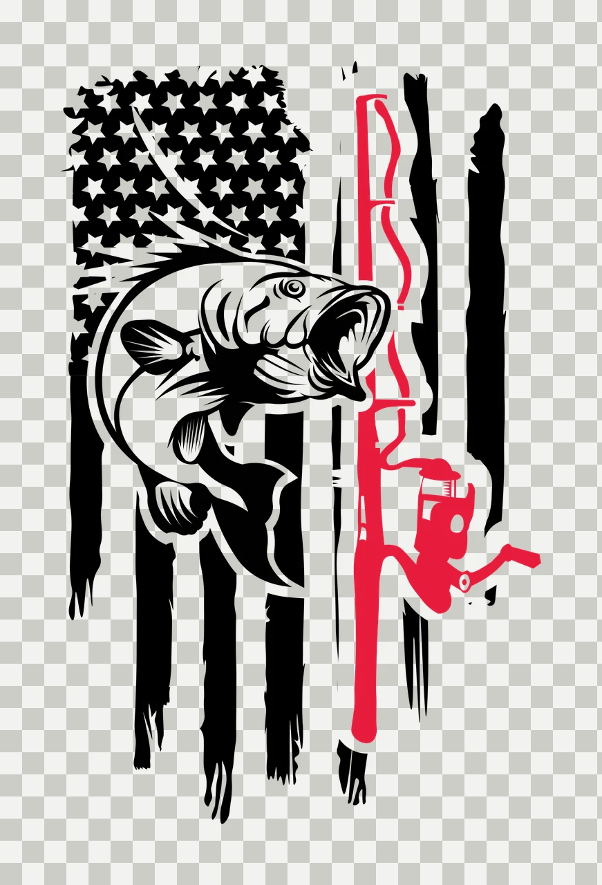 Fishing Flag With Fish And Rod stars reel black white plain transparency and detail preview thumbnail