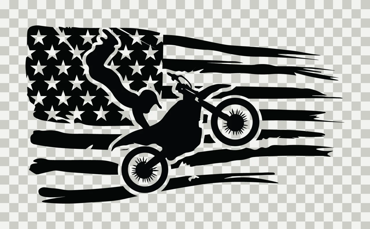 Dirt Bike Rider Leaping Before Flag stars stripes silhouette transparency and detail preview thumbnail