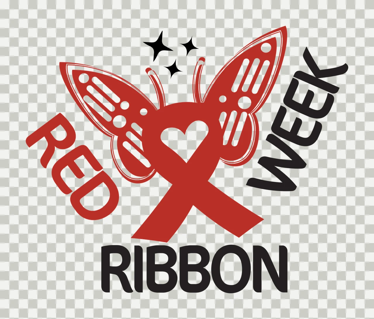 RED WEEK RIBBON Typography Design with red butterfly with white wing patterns, red ribbon shaped like an X with white heart center, black star shapes and text 'RED' in red curved font transparency and detail preview thumbnail