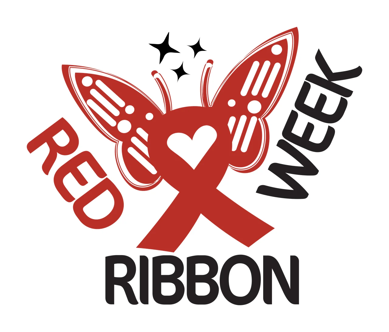RED WEEK RIBBON Typography Design with red butterfly with white wing patterns, red ribbon shaped like an X with white heart center, black star shapes and text 'RED' in red curved font