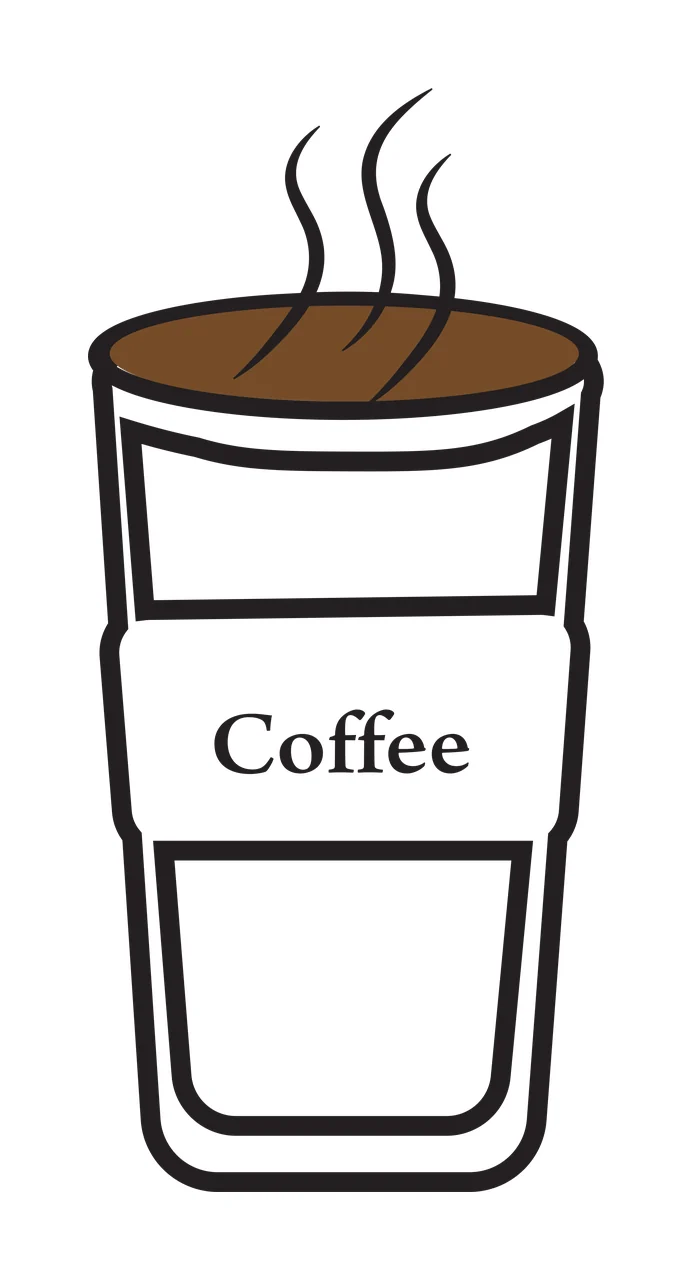 Coffee Disposable coffee cup Design with white cup with black outline, brown liquid surface, three black wavy steam lines and black text 'Coffee' on white sleeve