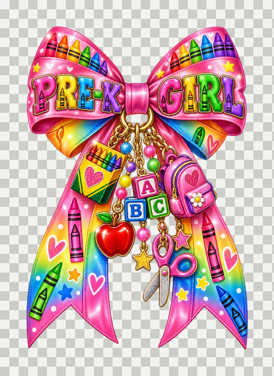 Pre-k Girl Bow Charm PNG, Coquette Ribbon Sublimation, Transparent Digital Download transparency and detail preview thumbnail