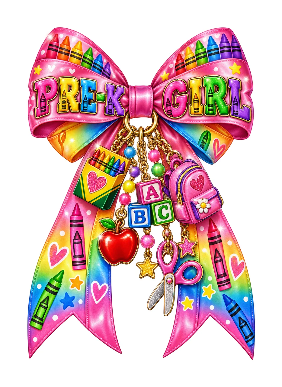 Pre-k Girl Bow Charm PNG, Coquette Ribbon Sublimation, Transparent Digital Download