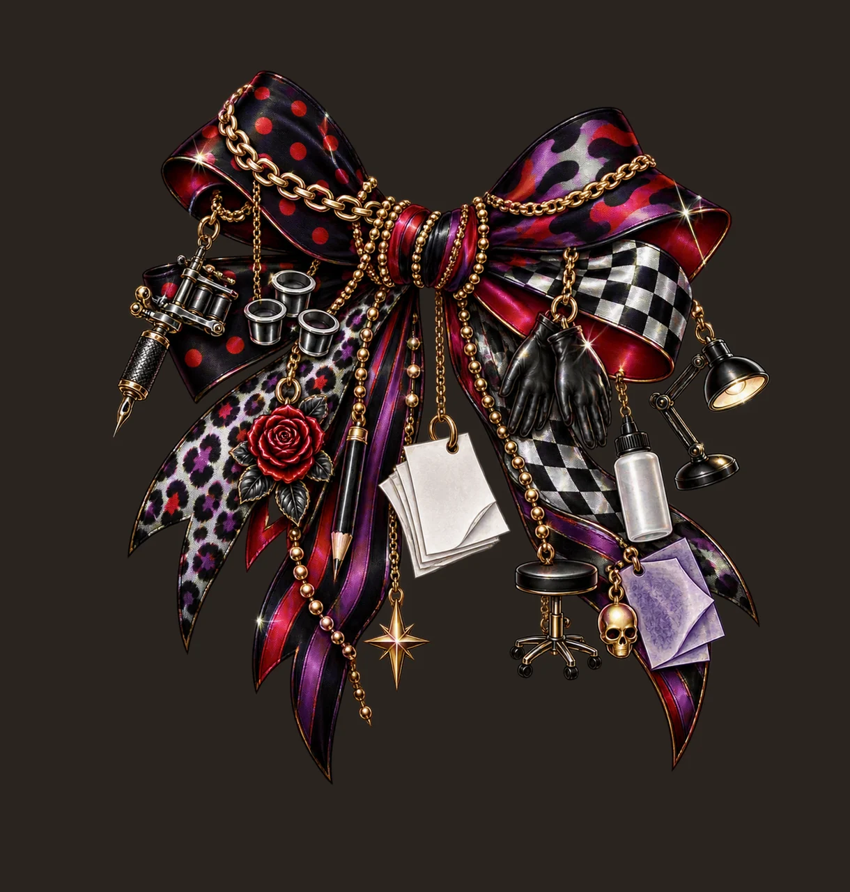 Tattoo Artist Bow Charm PNG, Themed Gold Chain Charms, Coquette Ribbon Sublimation Design, Transparent Digital Download contrast preview thumbnail