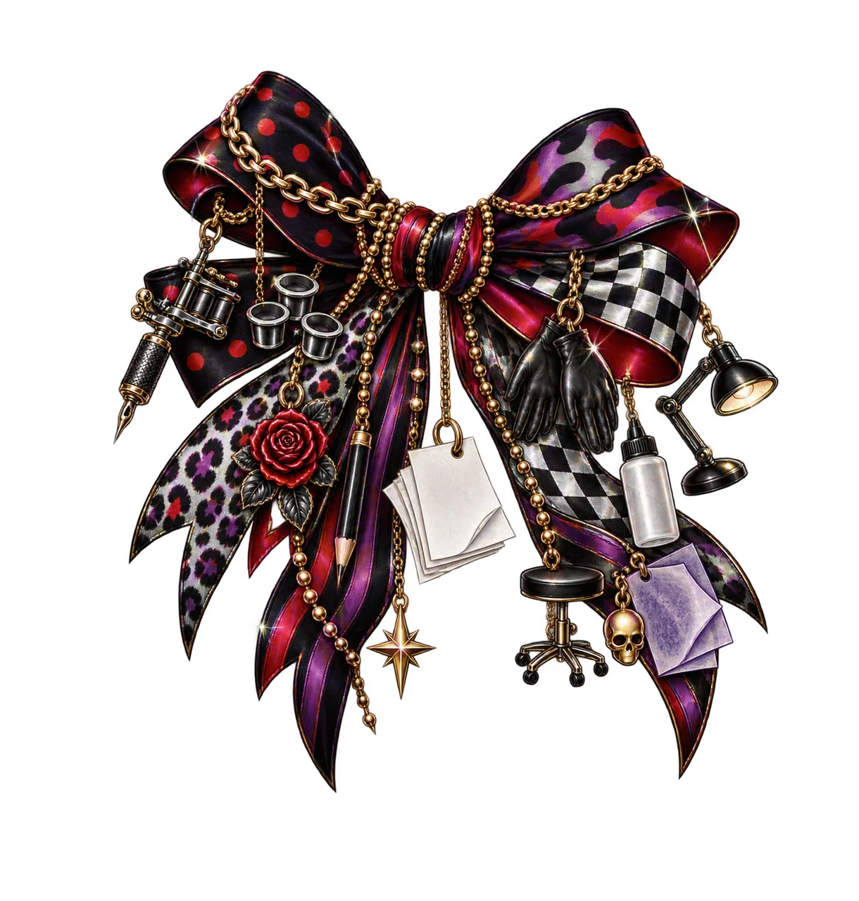 Tattoo Artist Bow Charm PNG, Themed Gold Chain Charms, Coquette Ribbon Sublimation Design, Transparent Digital Download
