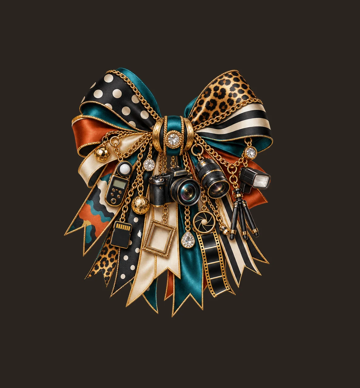 Photographer Bow Charm PNG, Themed Gold Chain Charms, Coquette Ribbon Sublimation Design, Transparent Digital Download contrast preview thumbnail