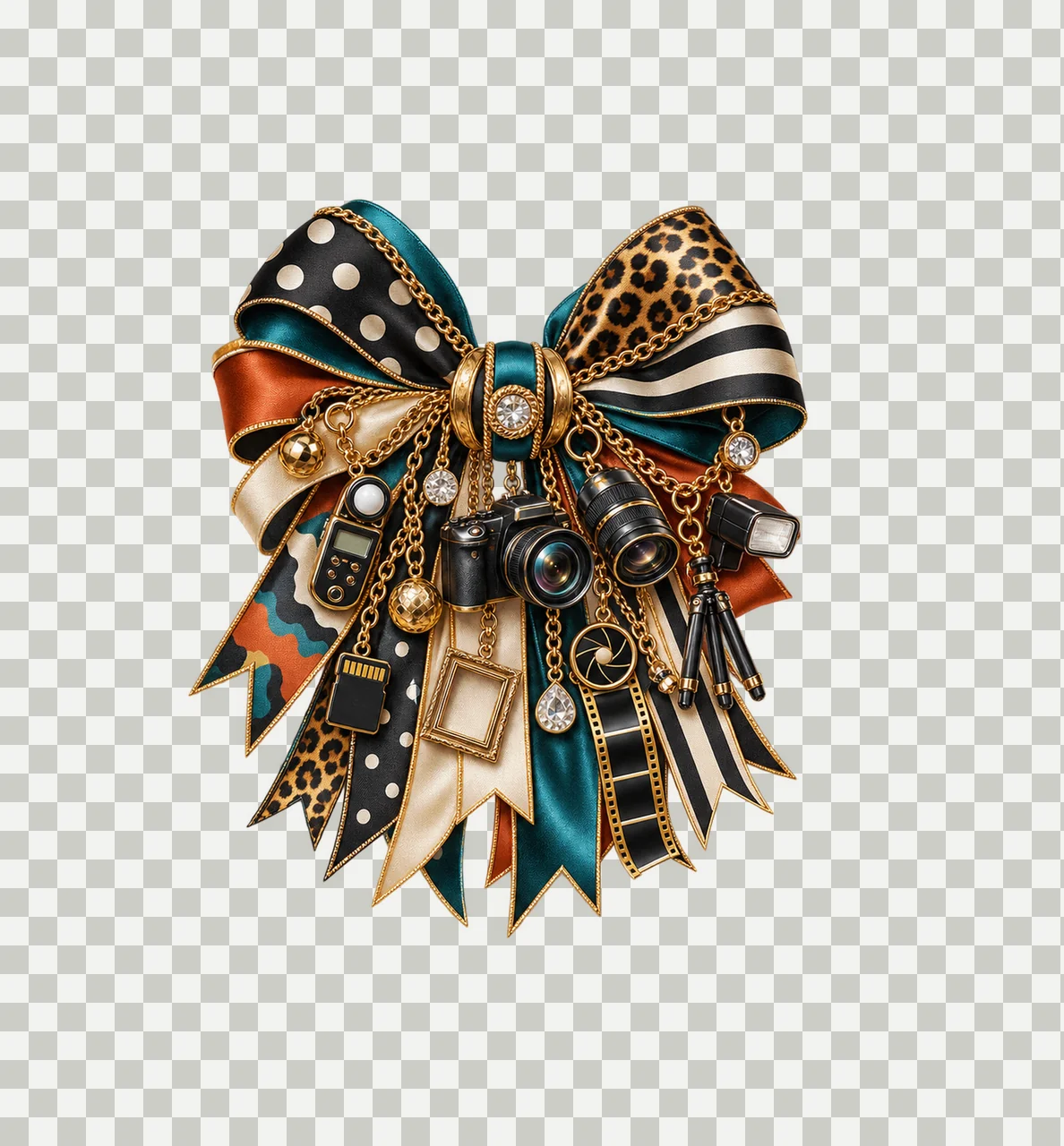 Photographer Bow Charm PNG, Themed Gold Chain Charms, Coquette Ribbon Sublimation Design, Transparent Digital Download transparency and detail preview thumbnail