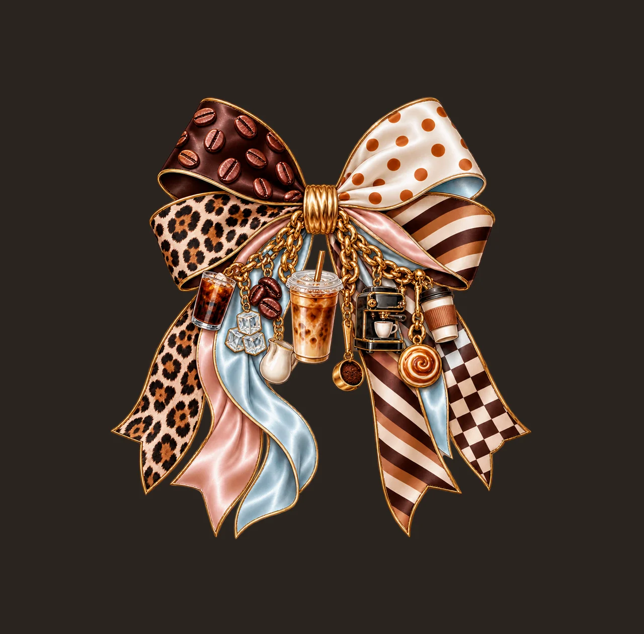 Iced Coffee Bow Charm PNG, Patterned Boutique Ribbon Clipart, Transparent Sublimation Digital Download contrast preview thumbnail