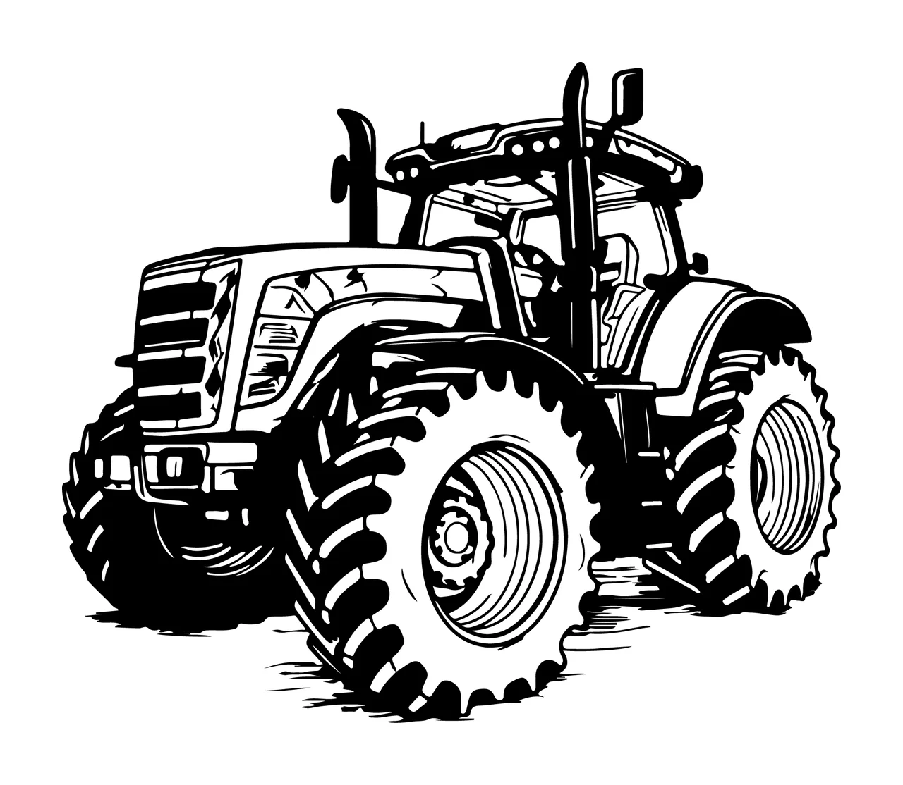 Low Angle View Farm Tractor standing wheels tires cabin exhaust pipes