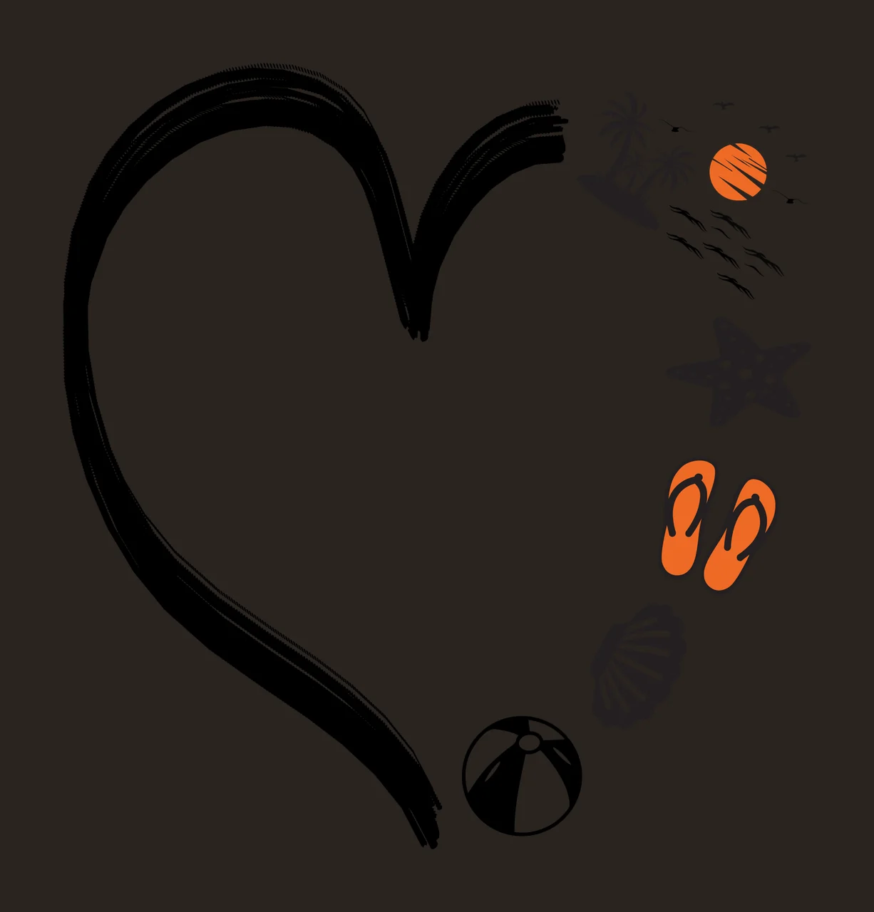 Heart shape Illustration with heart outline, brushstroke, palm trees and island in black, orange and white contrast preview thumbnail