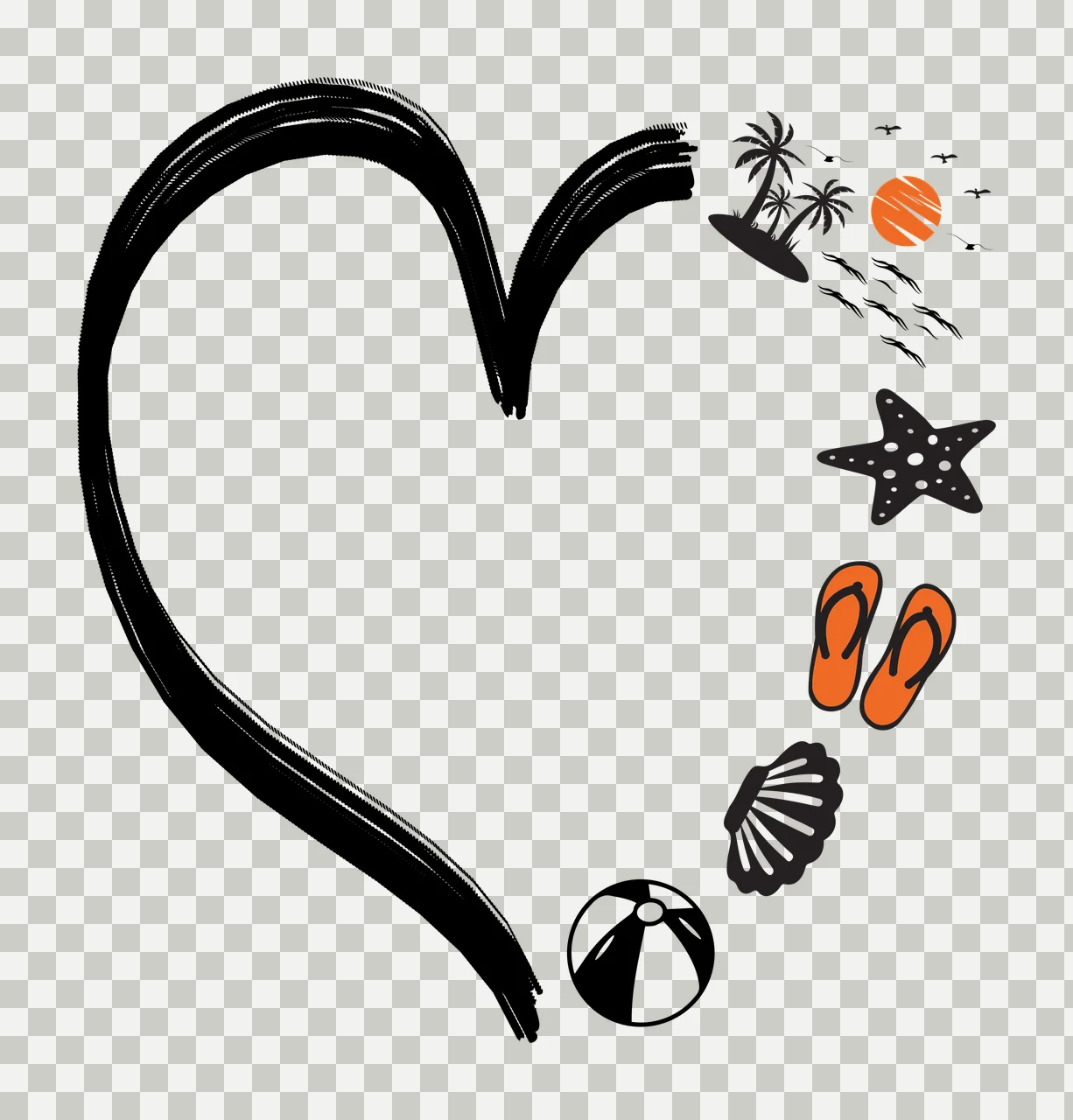 Heart shape Illustration with heart outline, brushstroke, palm trees and island in black, orange and white transparency and detail preview thumbnail