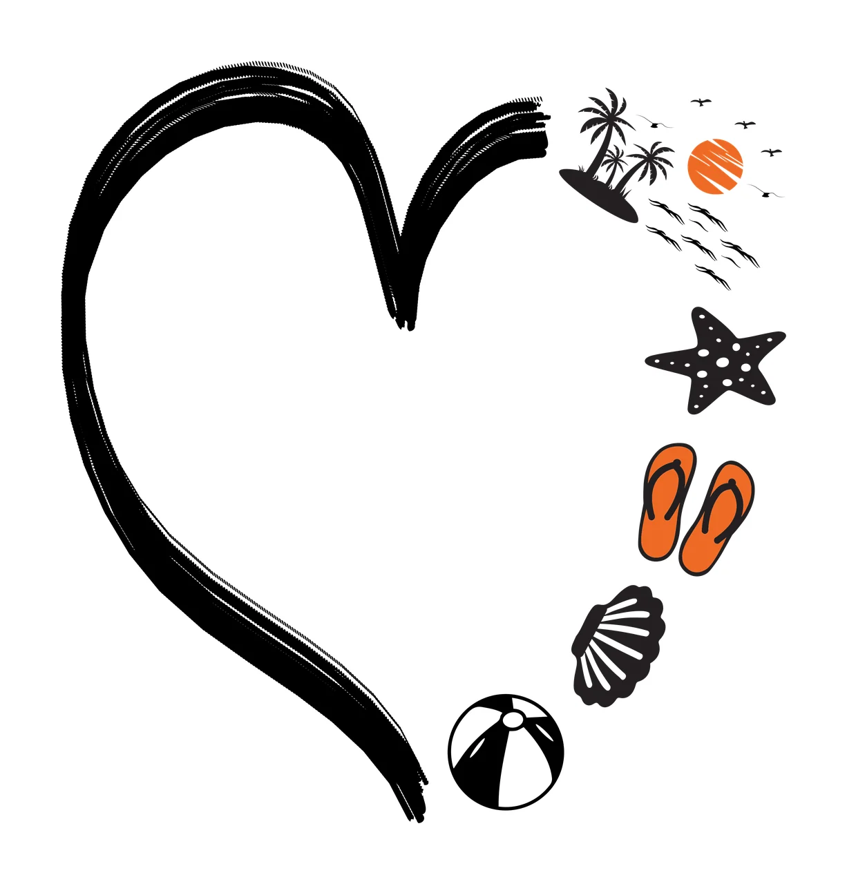 Heart shape Illustration with heart outline, brushstroke, palm trees and island in black, orange and white