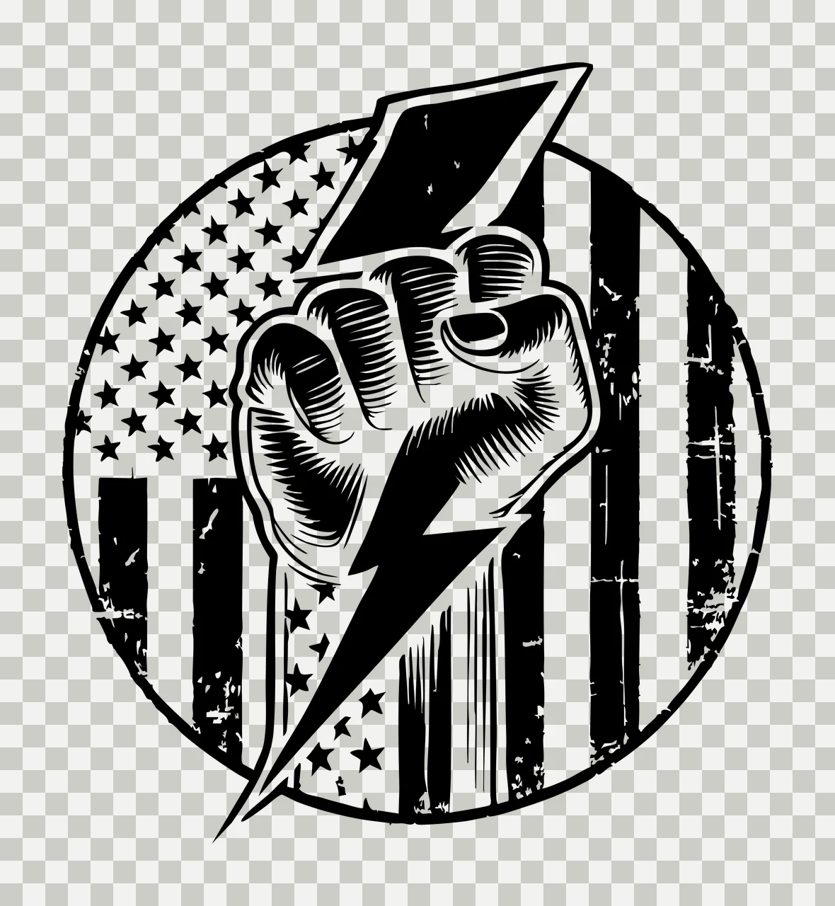 Flag Motif Fist Holding Lightning Bolt stars and stripes black transparency and detail preview thumbnail