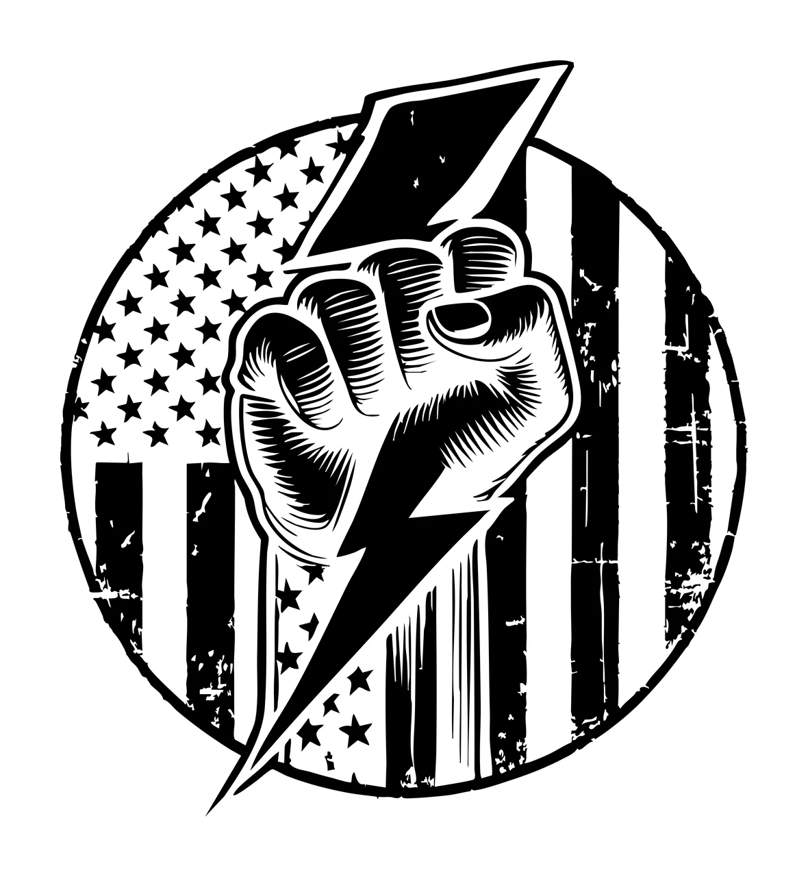 Flag Motif Fist Holding Lightning Bolt stars and stripes black