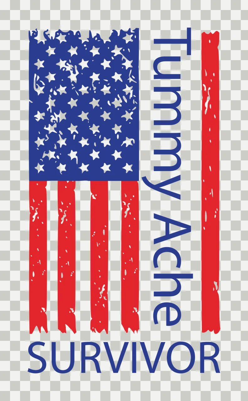 Tummy Ache SURVIVOR Typography Design with blue field with white stars, red and white vertical stripes, vertical text 'Tummy Ache' and horizontal text 'SURVIVOR' transparency and detail preview thumbnail