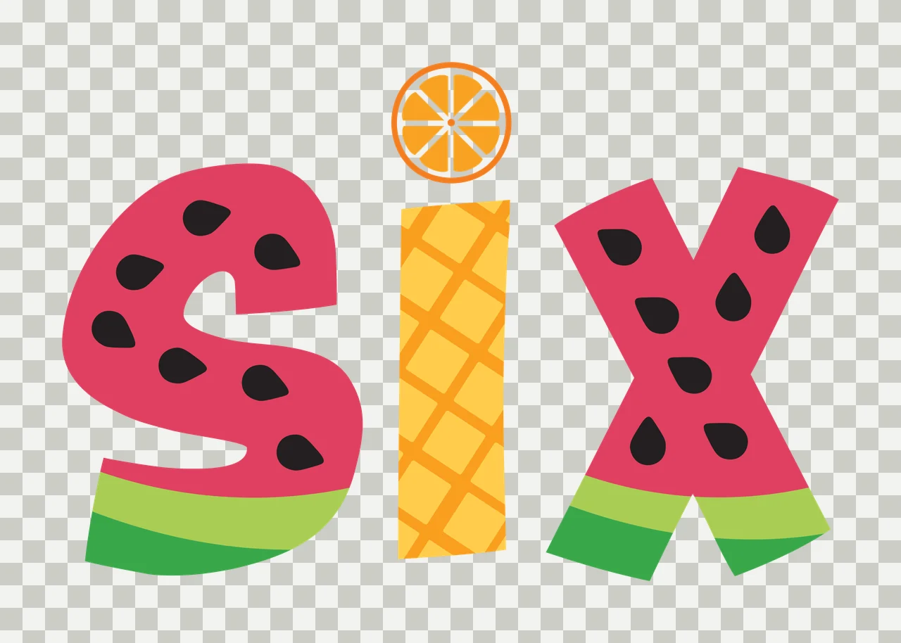 SIX fruit typography spelling SIX with watermelon letter S, pineapple letter I, orange slice dot and black seeds in pink, green and yellow transparency and detail preview thumbnail