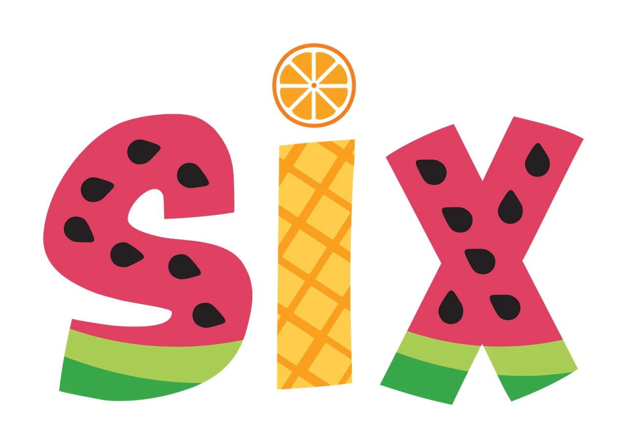 SIX fruit typography spelling SIX with watermelon letter S, pineapple letter I, orange slice dot and black seeds in pink, green and yellow