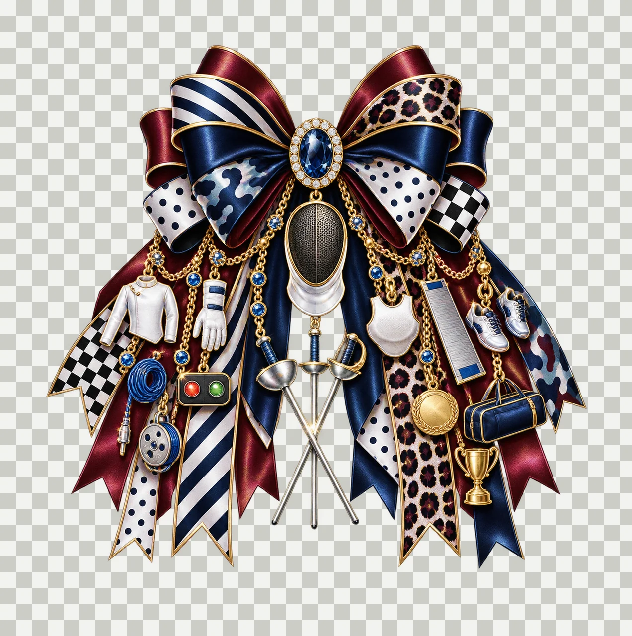 Fencing Sport Lover Bow Charm PNG, Themed Gold Chain Charms, Coquette Ribbon Sublimation Design, Transparent Digital Download transparency and detail preview thumbnail