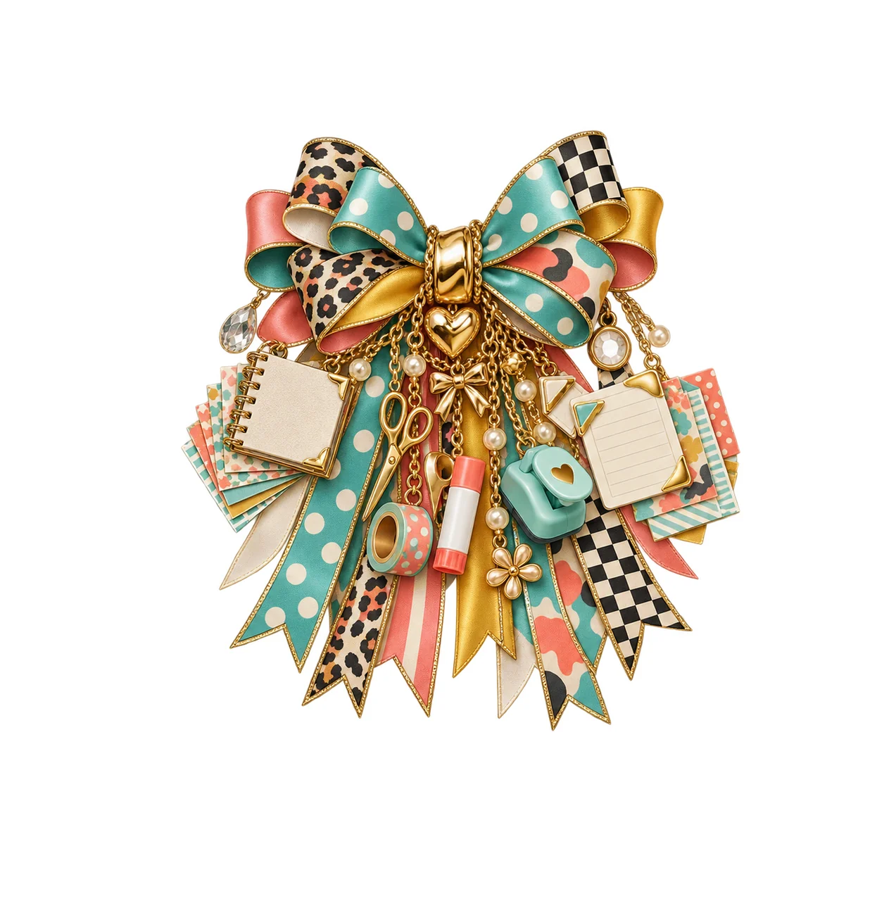 Scrapbooker Bow Charm PNG, Themed Gold Chain Charms, Coquette Ribbon Sublimation Design, Transparent Digital Download