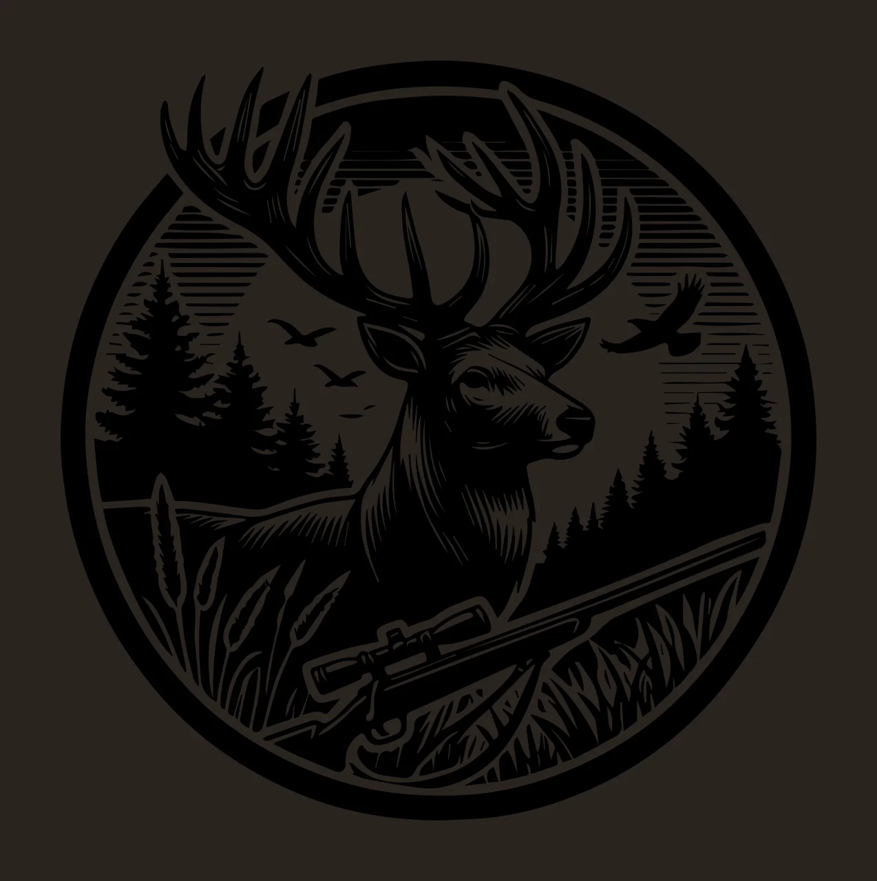 Stag And Rifle Forest Emblem standing antlers pine trees birds contrast preview thumbnail