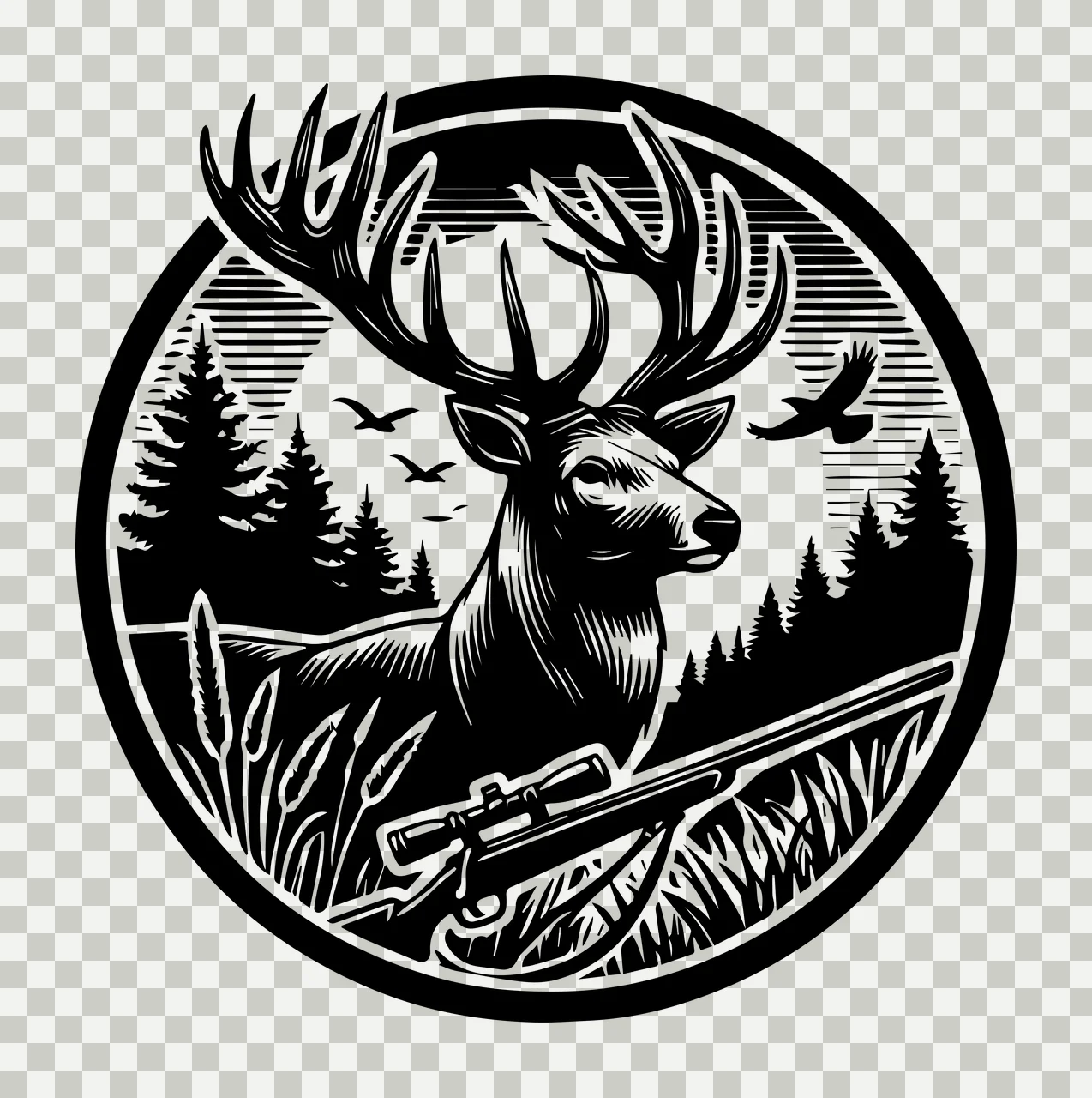 Stag And Rifle Forest Emblem standing antlers pine trees birds transparency and detail preview thumbnail