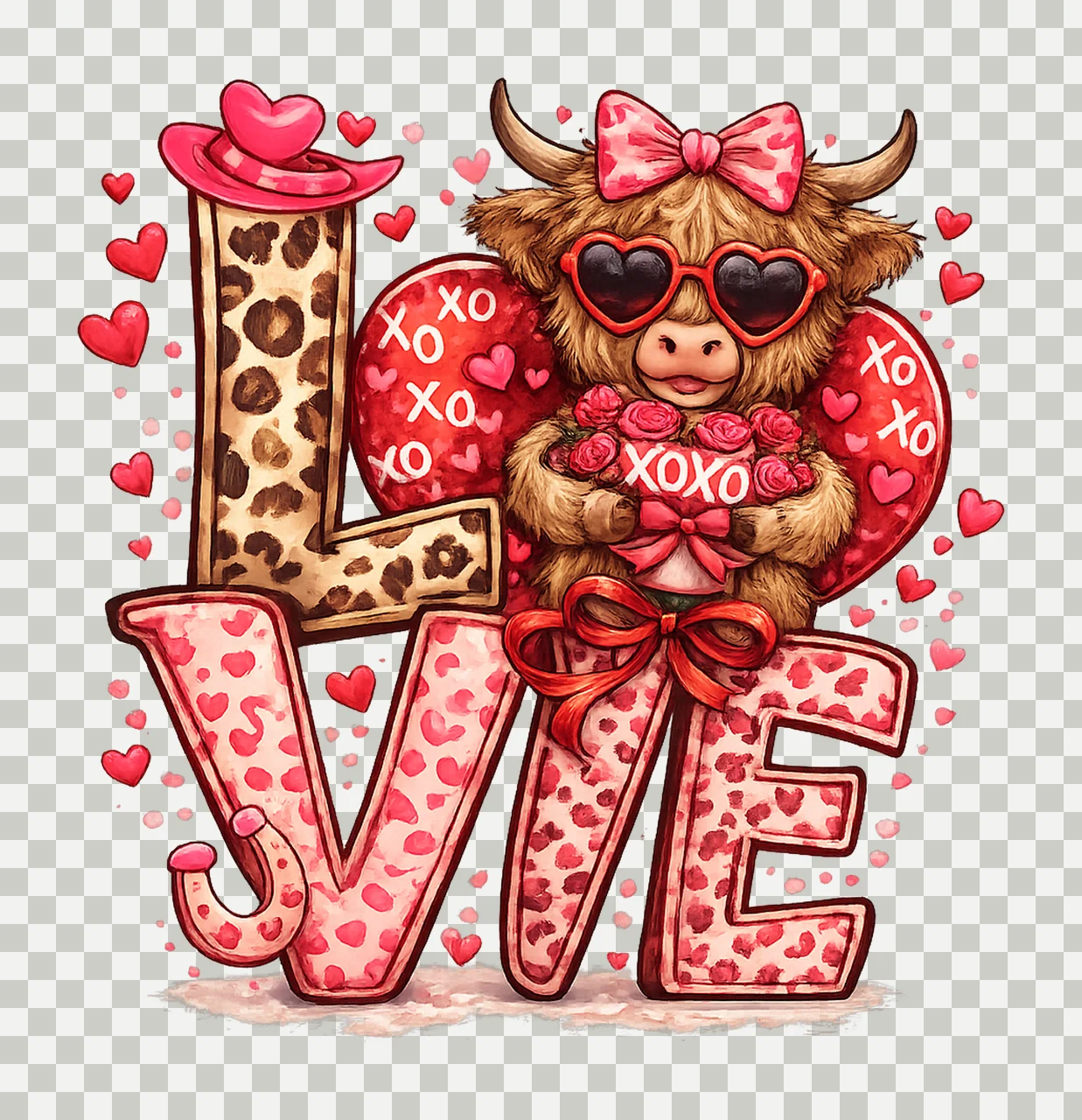 Highland Cow Valentine Western Love Cowgirl Hat Leopard transparency and detail preview thumbnail