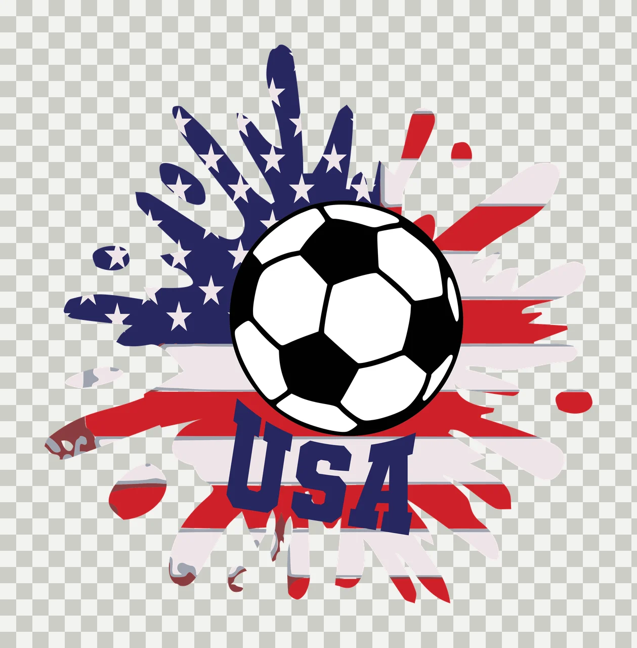 USA USA soccer ball Design with American flag pattern, paint splatter and USA text in red, white and blue transparency and detail preview thumbnail