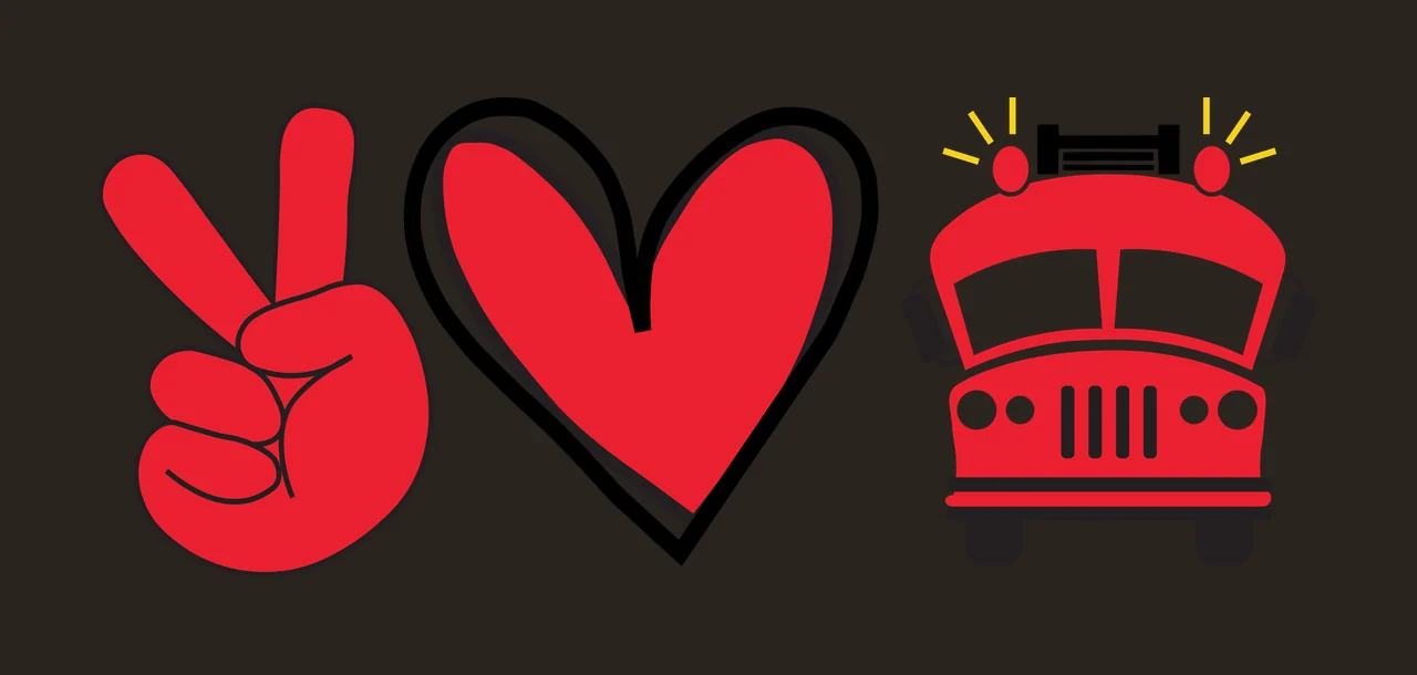 Peace sign hand, heart symbol, and fire truck design with emergency lights and black outline in red and white contrast preview thumbnail