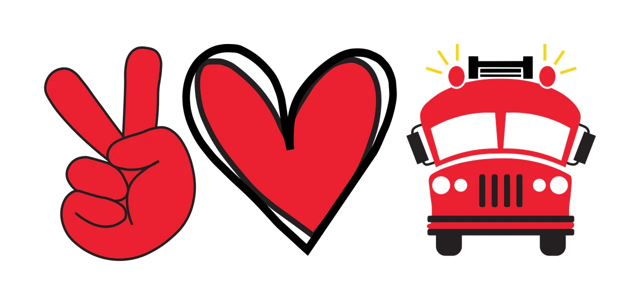 Peace sign hand, heart symbol, and fire truck design with emergency lights and black outline in red and white