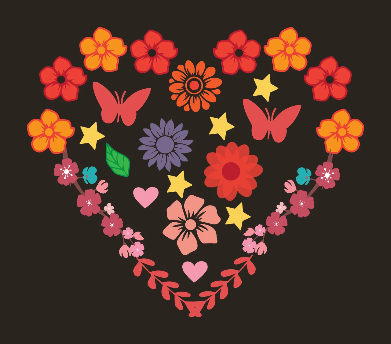 Heart shape composed of flowers, butterflies, and stars Illustration with hearts, leaves and branches in red, orange and yellow contrast preview thumbnail