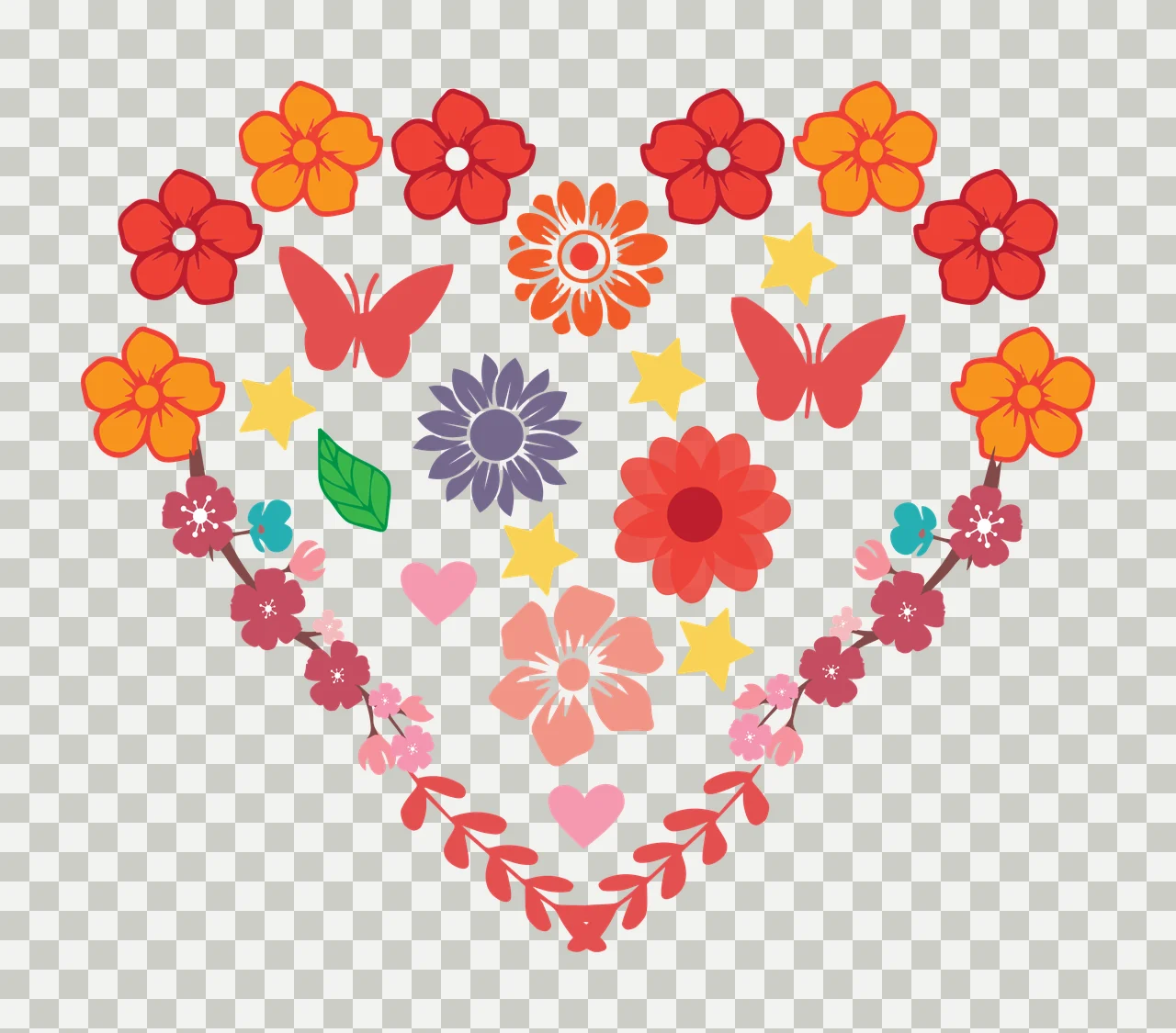 Heart shape composed of flowers, butterflies, and stars Illustration with hearts, leaves and branches in red, orange and yellow transparency and detail preview thumbnail