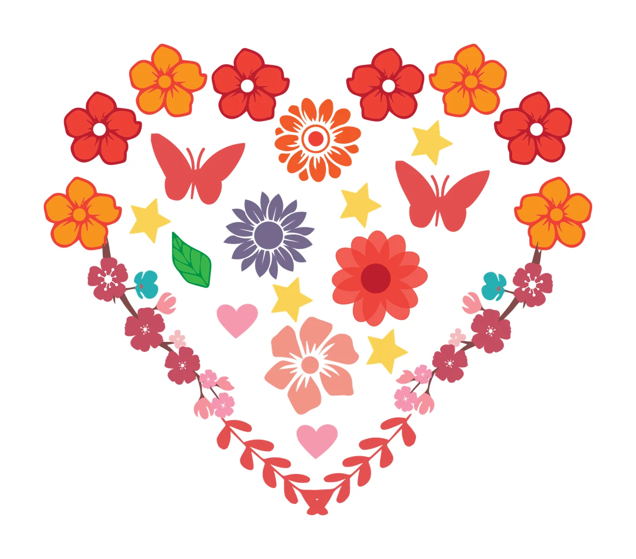 Heart shape composed of flowers, butterflies, and stars Illustration with hearts, leaves and branches in red, orange and yellow