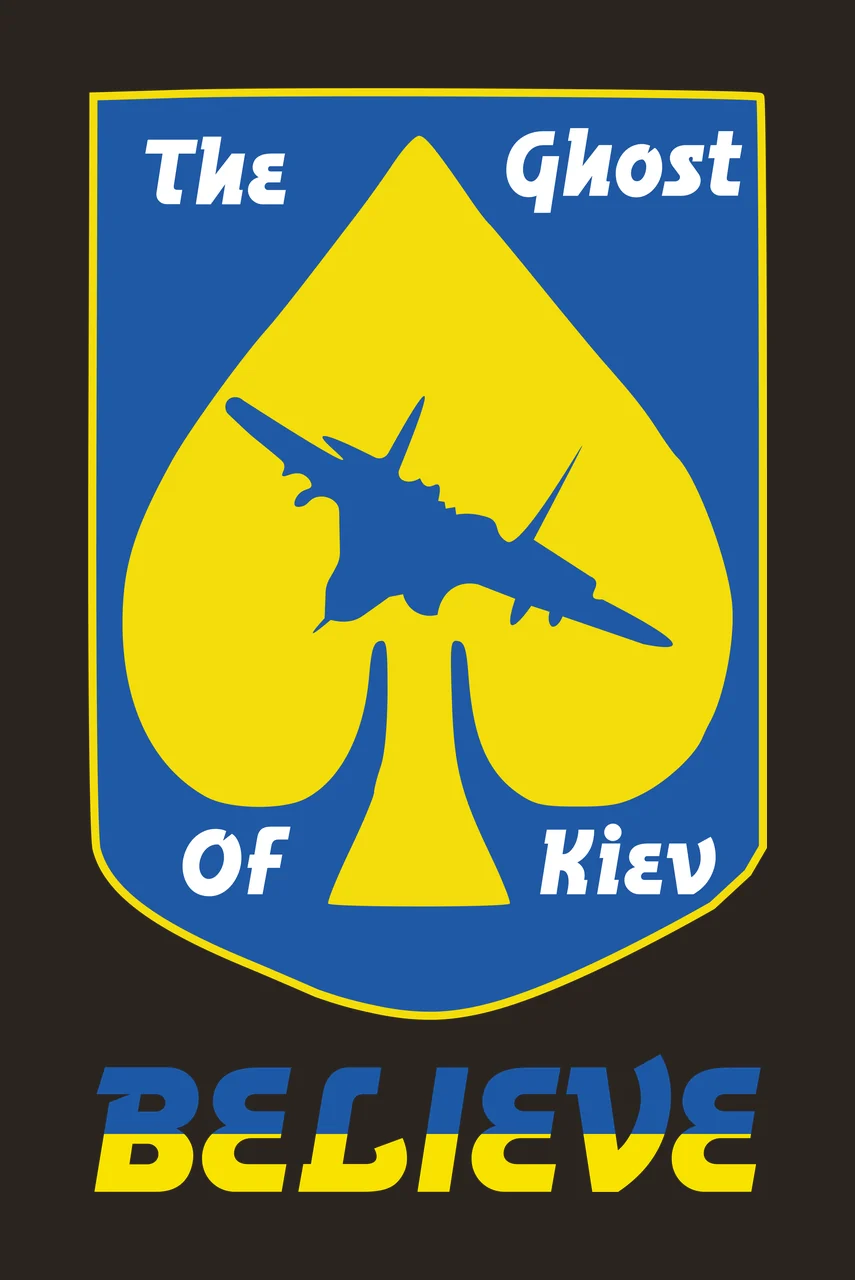 The Ghost Of Kiev BELIEVE Patriotic shield emblem Design with spade symbol, stylized text and bicolor text in blue and yellow contrast preview thumbnail