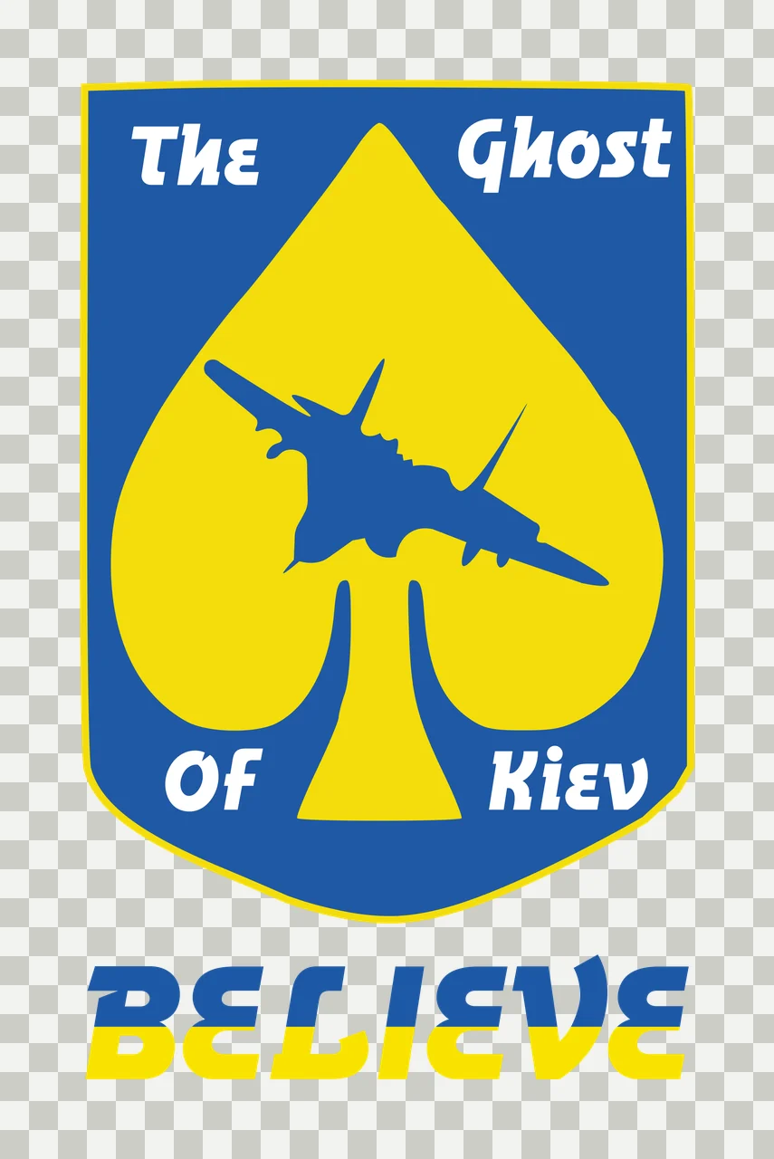 The Ghost Of Kiev BELIEVE Patriotic shield emblem Design with spade symbol, stylized text and bicolor text in blue and yellow transparency and detail preview thumbnail