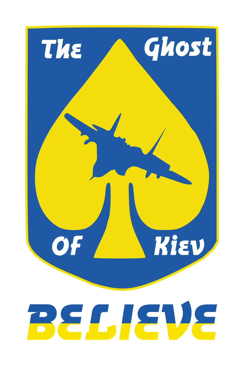 The Ghost Of Kiev BELIEVE Patriotic shield emblem Design with spade symbol, stylized text and bicolor text in blue and yellow