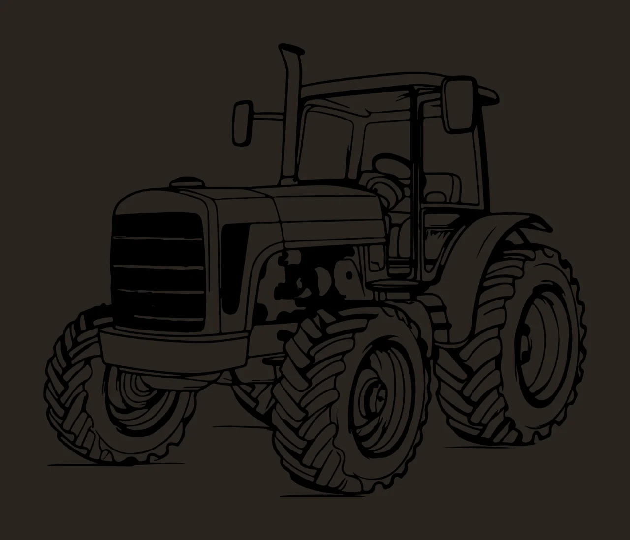 Farm Tractor With Treaded Tires standing cab exhaust pipe line drawing contrast preview thumbnail