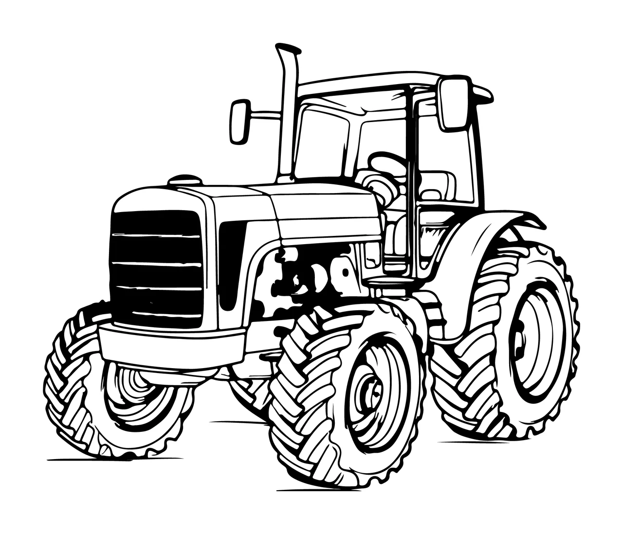 Farm Tractor With Treaded Tires standing cab exhaust pipe line drawing