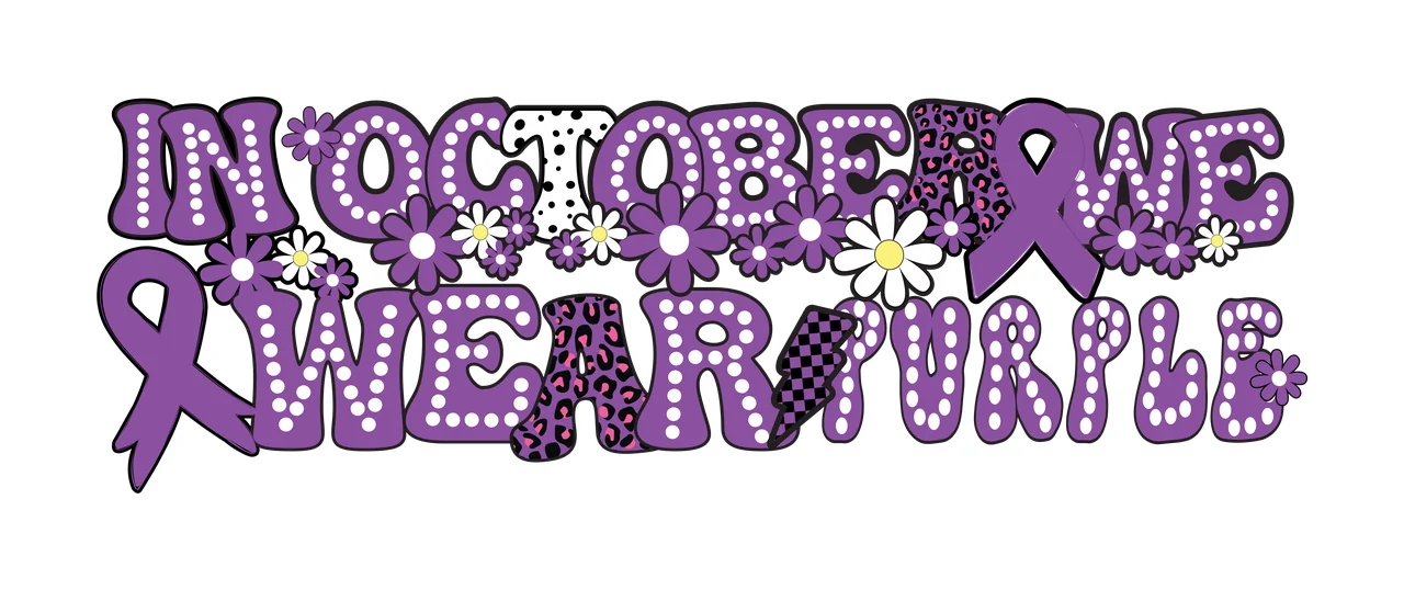 In October We Wear Purple Ribbon Design text and inspirational