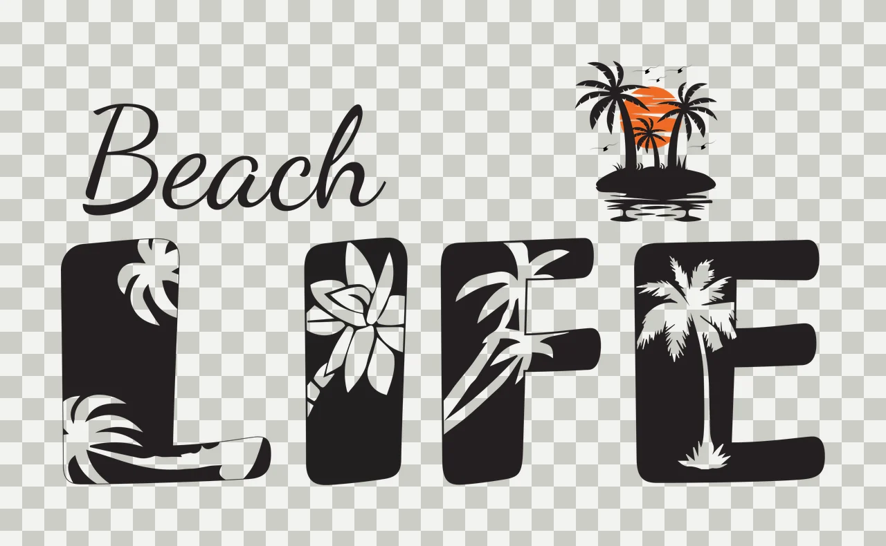 Beach LIFE Typography Design with black text 'Beach LIFE', white palm tree silhouettes inside letters, white floral silhouette inside 'L' and island with three palm trees and orange sun transparency and detail preview thumbnail