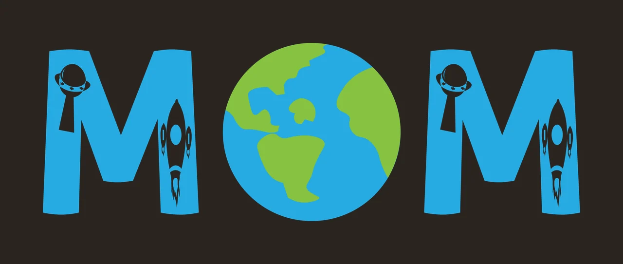 MOM Typography Design with letter M, globe, earth and rocket in blue, green and white contrast preview thumbnail