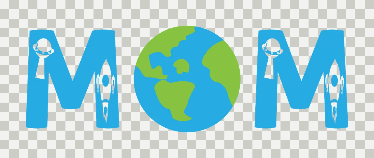 MOM Typography Design with letter M, globe, earth and rocket in blue, green and white transparency and detail preview thumbnail