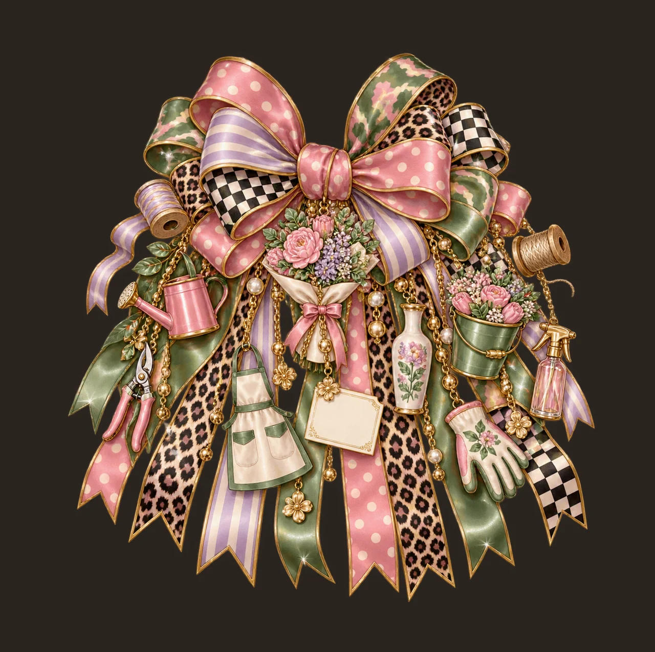 Florist Bow Charm PNG, Themed Gold Chain Charms, Coquette Ribbon Sublimation Design, Transparent Digital Download contrast preview thumbnail