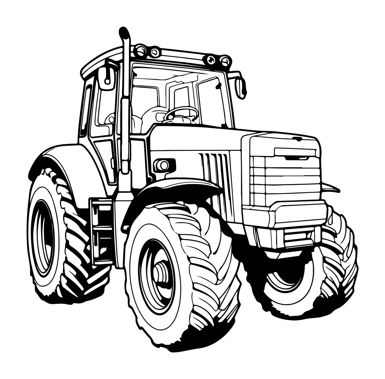 Black And White Line Tractor Illustration tires cab art vehicle