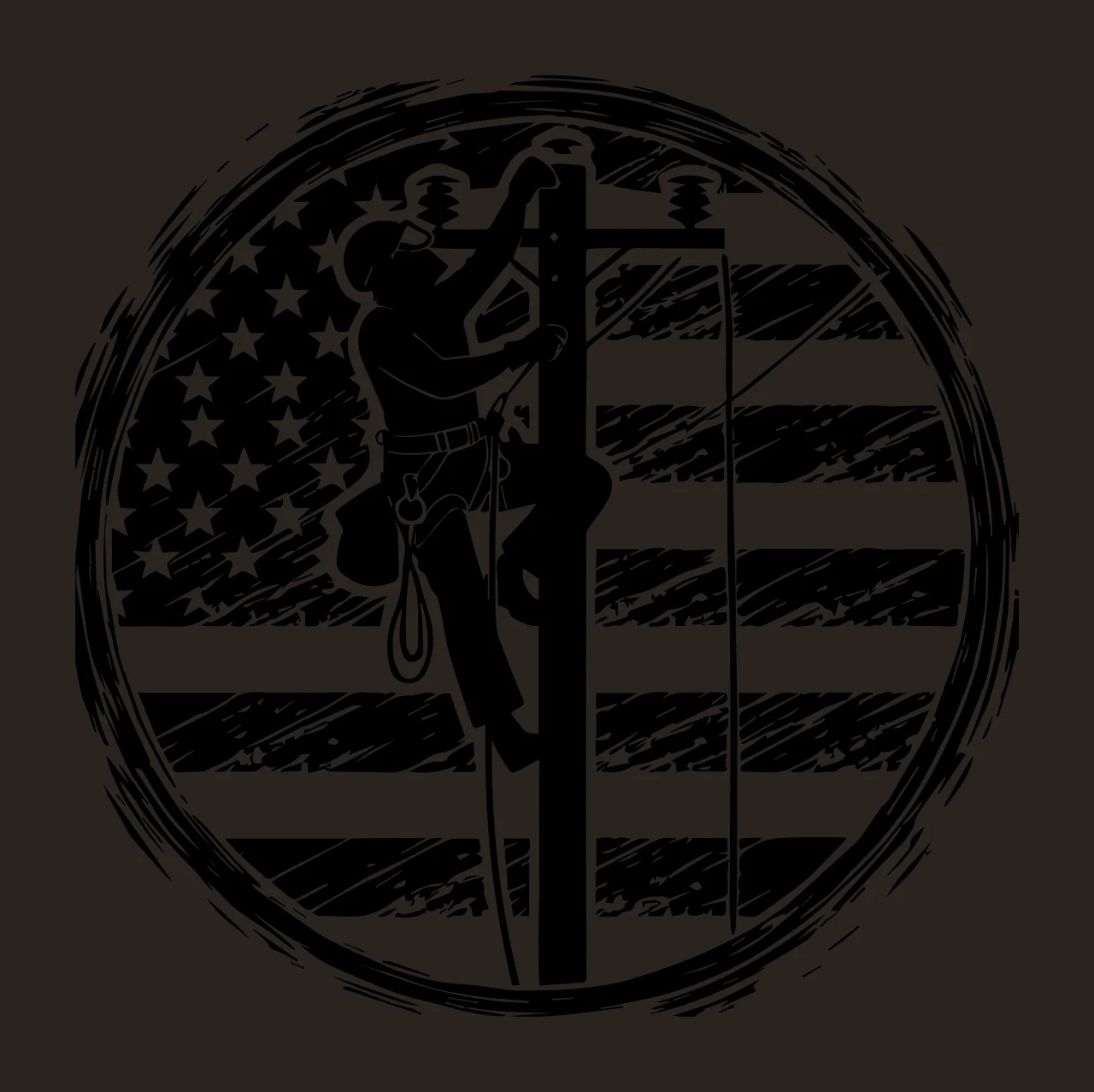 Utility Worker On Pole With Flag climbing American harness contrast preview thumbnail